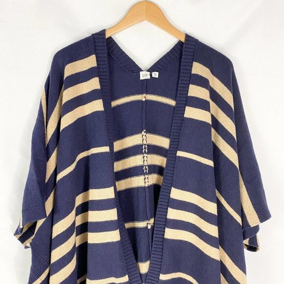 Gap Women Kimono Blanket Cardigan Sweater OS Navy Cotton Wool Blend Nautical - Picture 3 of 8